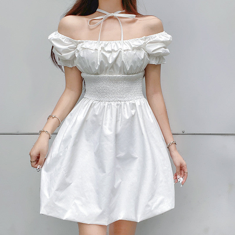 Square neck halterneck white A-line dress  HA0496