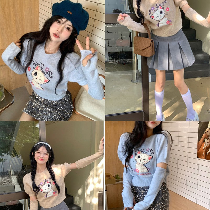 Puff Sleeve Cat Knit Top  HA1233