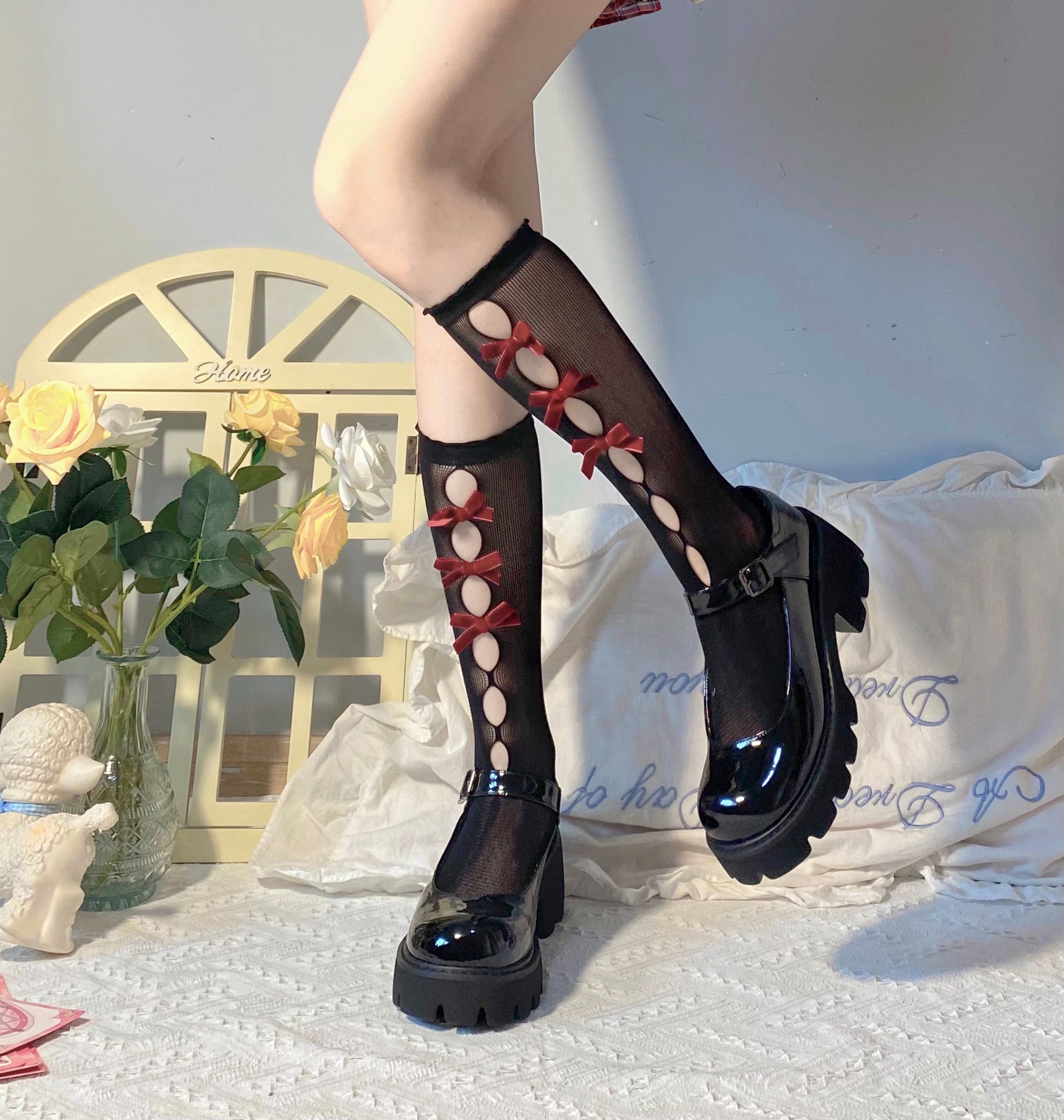 Bow Cutout Black Lace Socks  HA0383