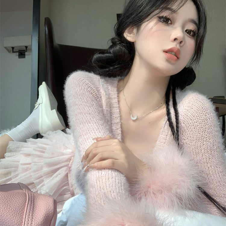 Pink Mink Fleece Knit Cardigan   HA1205