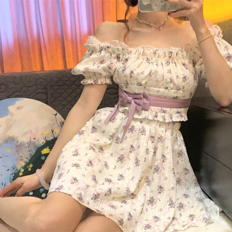 Purple Floral Top + High Waist Skirt Set  HA1613