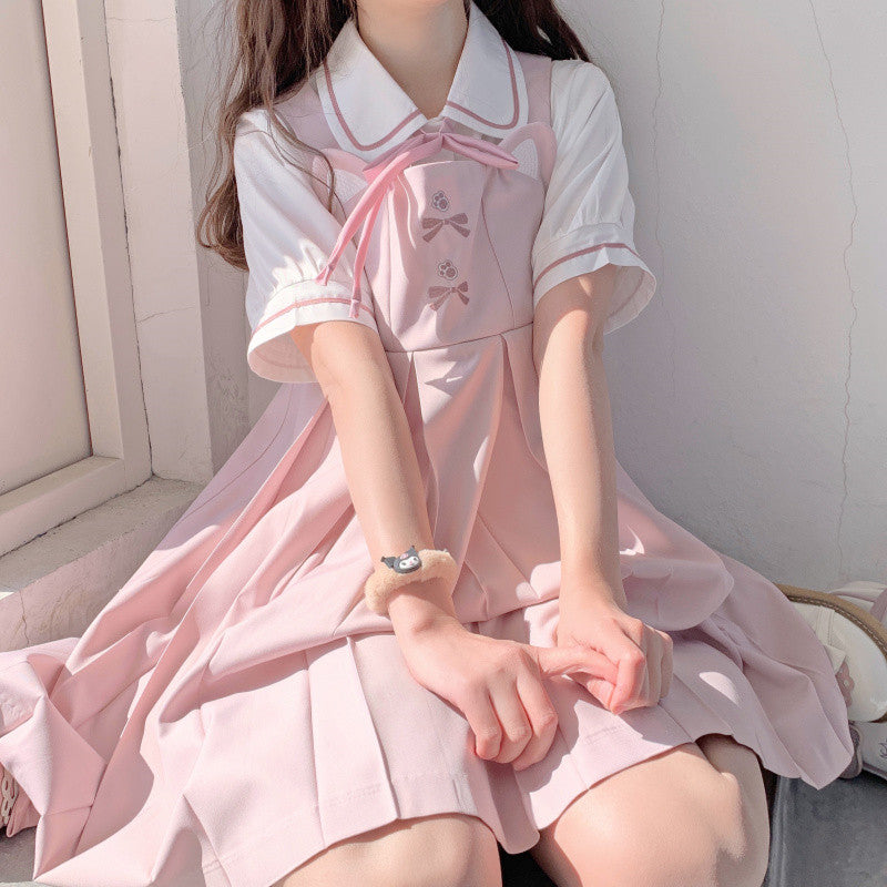 Pink Rabbit Ear Pleated Tank Top Dress   HA0789