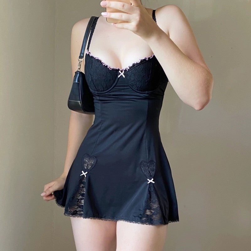 Low cut black suspender dress with slits   HA1709