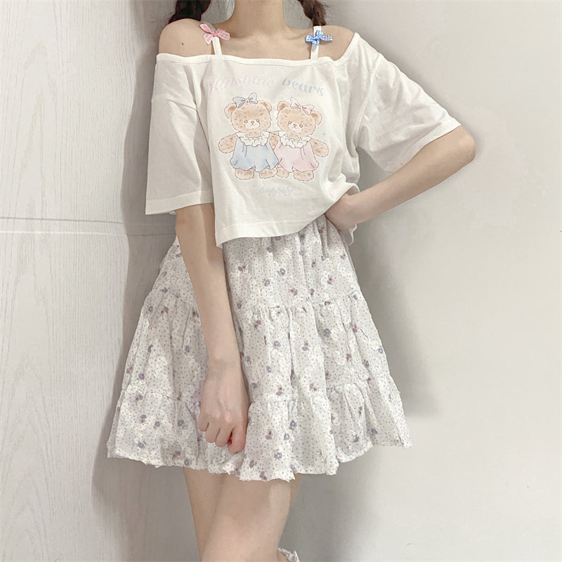 Off Shoulder Bear Print Short Sleeve T-Shirt    HA0636