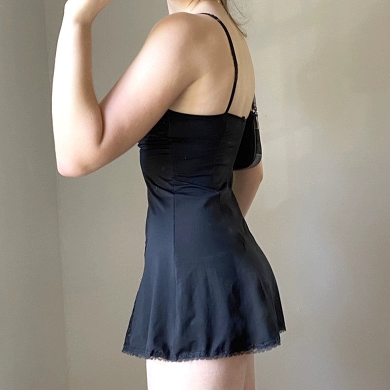 Low cut black suspender dress with slits   HA1709