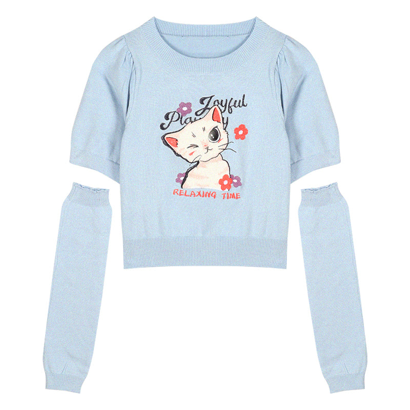 Puff Sleeve Cat Knit Top  HA1233