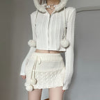 Twist-textured fur-paneled hooded sweater   HA1552