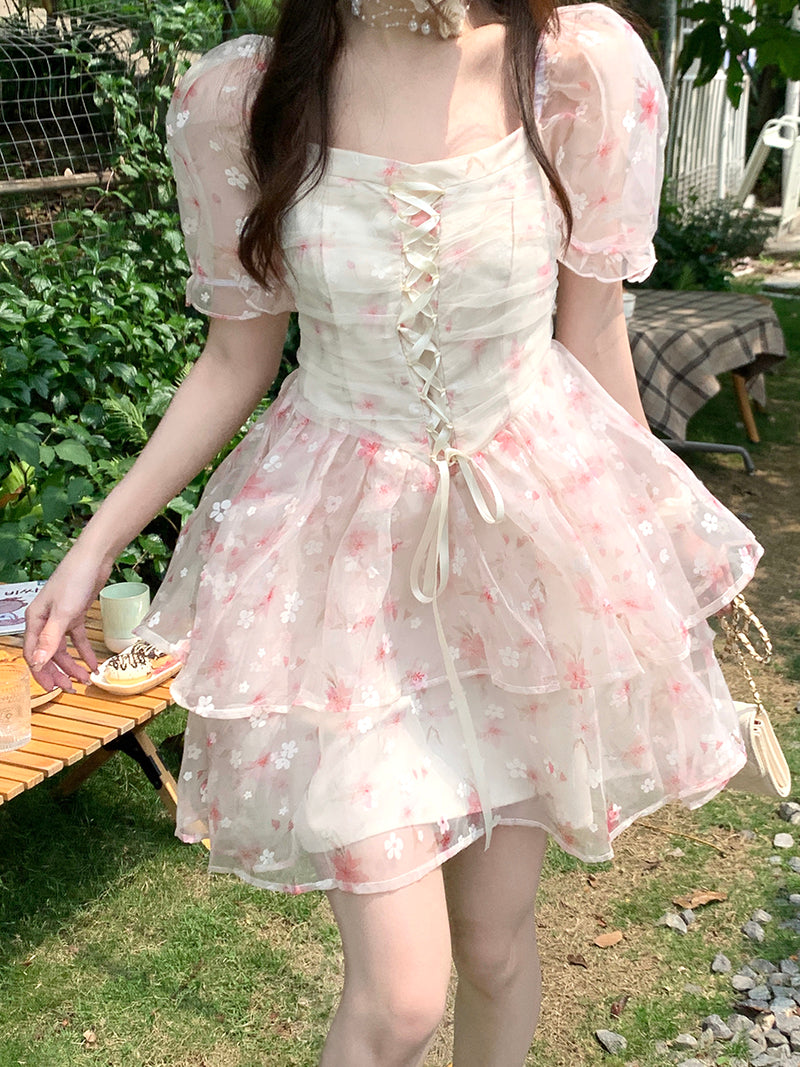 Square Neck Puff Sleeve Floral Dress  HA0665