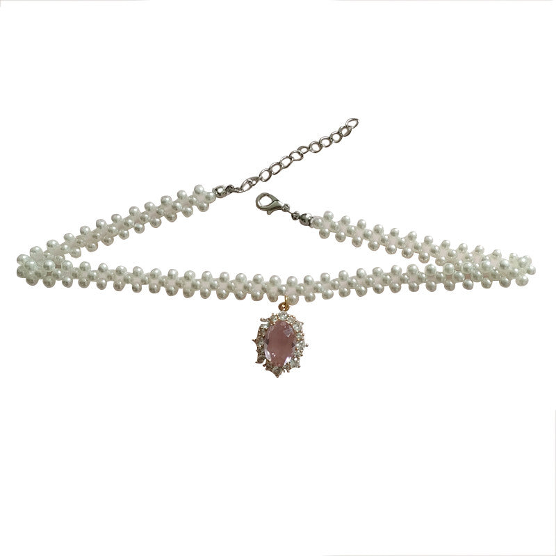 Pink Rhinestone Pearl Clavicle Chain  HA0843