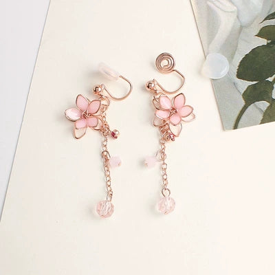 Pink Cherry Blossom Crystal Earrings Earrings Ear Clips   HA1994