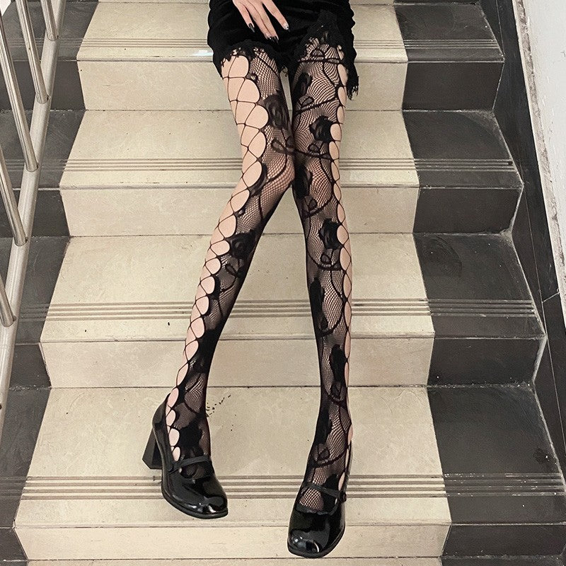 White Rose Cutout Fishnet Stockings HA1609
