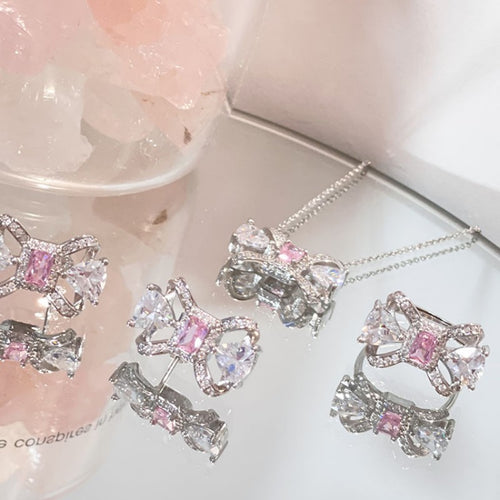 Sweet Pink Gem Bow Knot Silver Pin Earrings Necklace Ring   HA1319