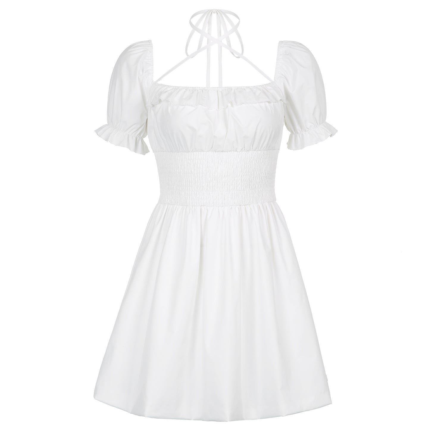 Square neck halterneck white A-line dress  HA0496