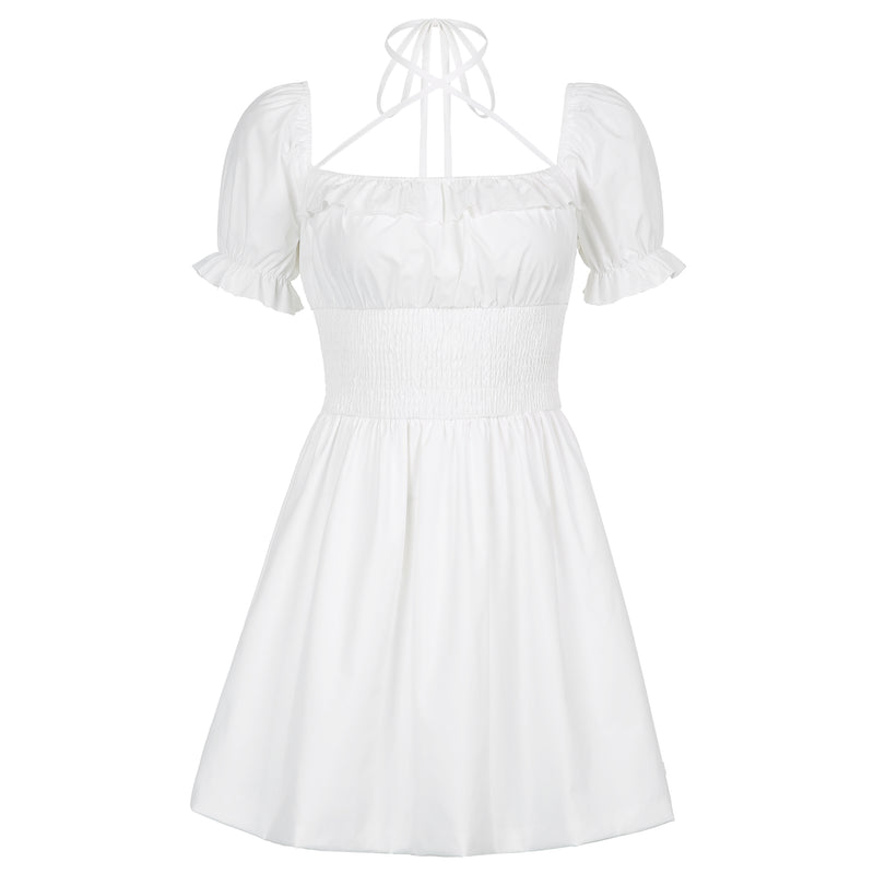 Square neck halterneck white A-line dress  HA0496