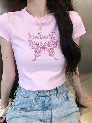 Butterfly Letters Pink Print T-Shirt  HA0540