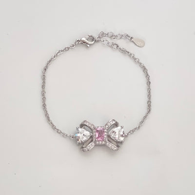 Sweet Pink Gem Bow Knot Silver Pin Earrings Necklace Ring   HA1319
