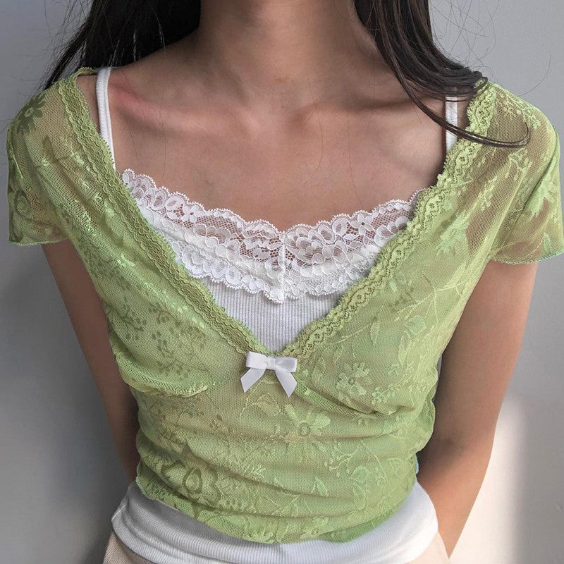 Paneled two-piece short-sleeve top T-shirt   HA1708