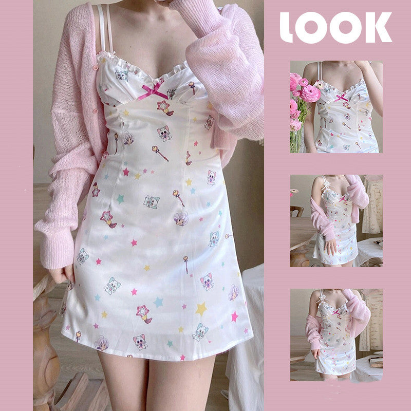 Ice silk suspender print dress   HA0542