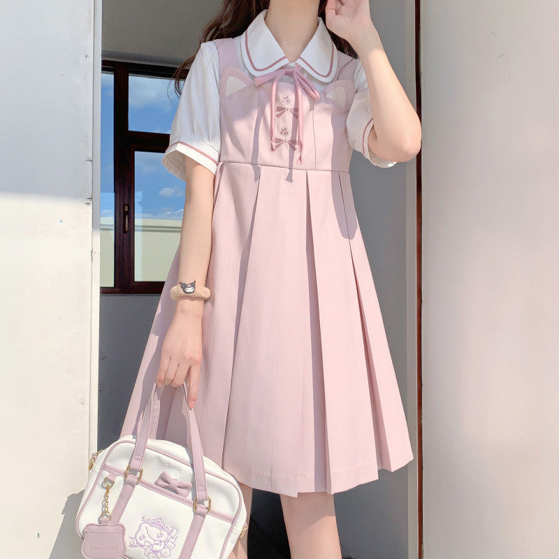 Pink Rabbit Ear Pleated Tank Top Dress   HA0789