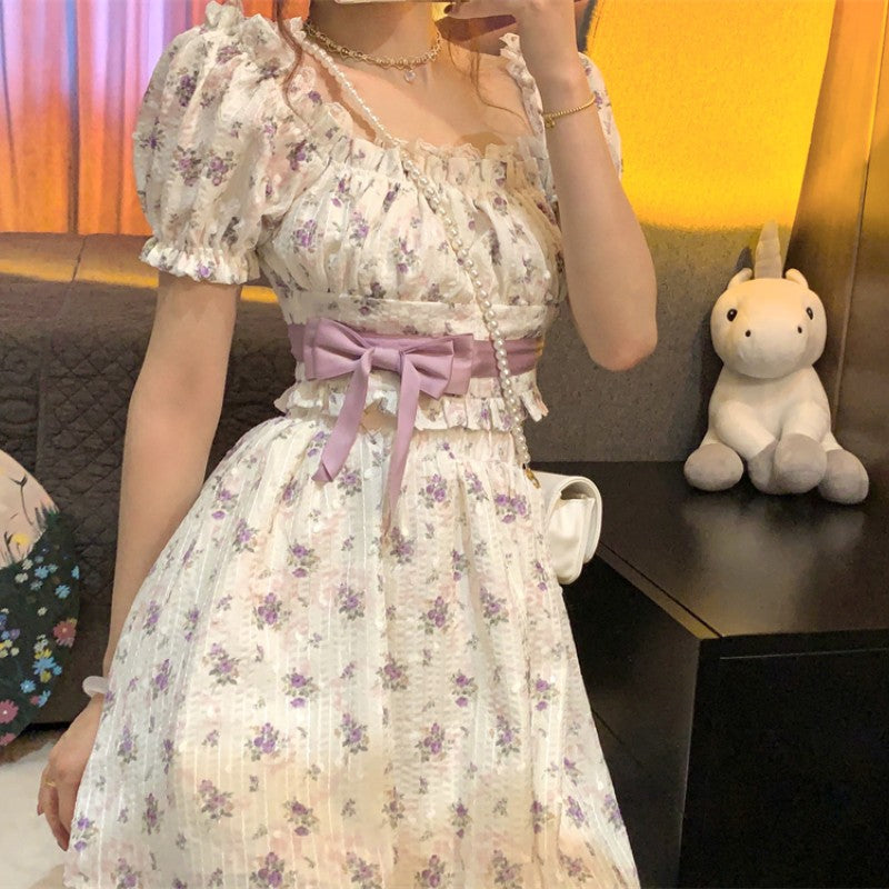 Purple Floral Top + High Waist Skirt Set  HA1613