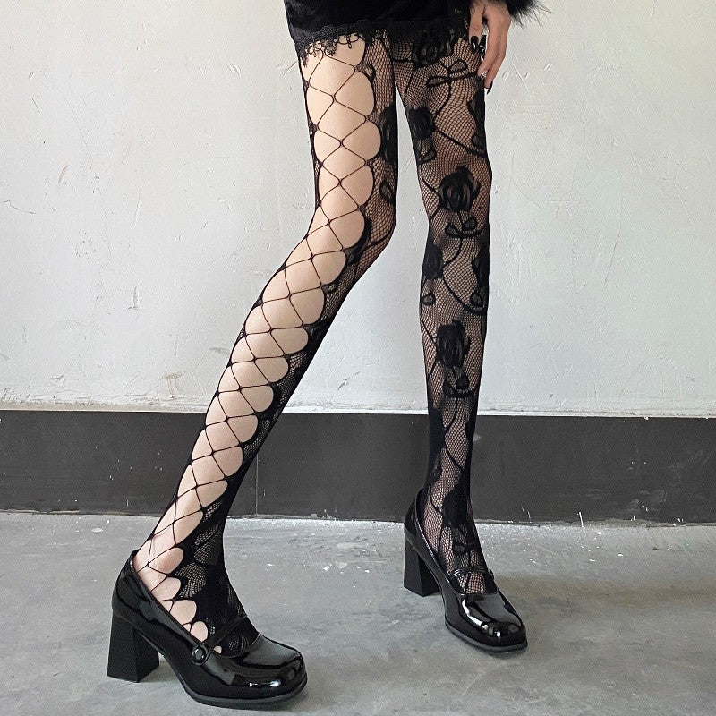 White Rose Cutout Fishnet Stockings HA1609