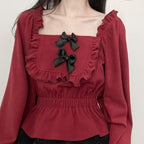 Red and white bowknot all-match top   HA1506