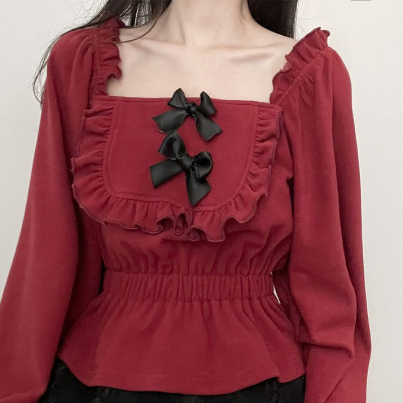 Red and white bowknot all-match top   HA1506