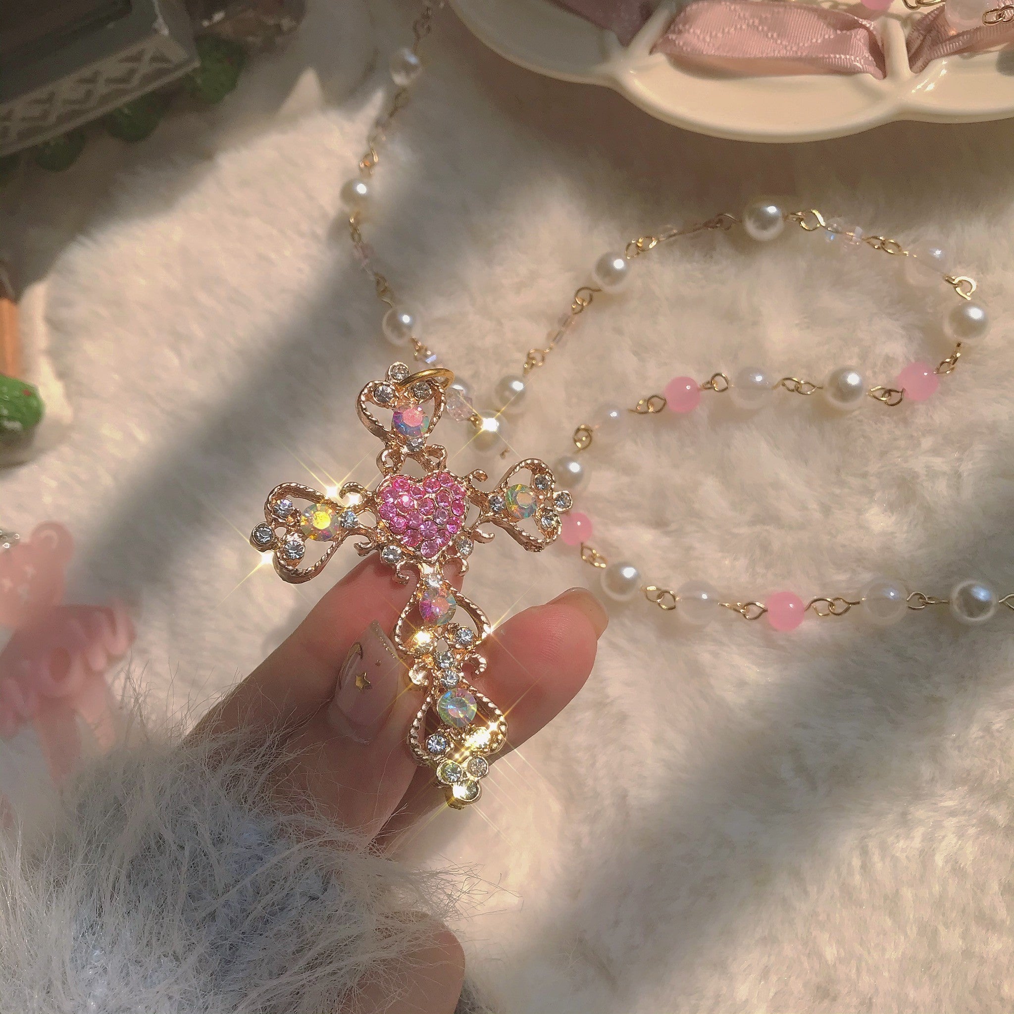 Pink Zircon Cross Necklace   HA1322