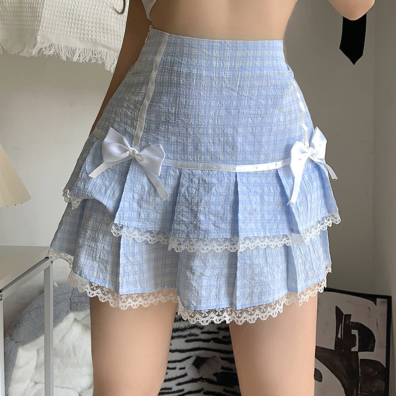 Blue Bow Lace Pleated Skirt HA0325