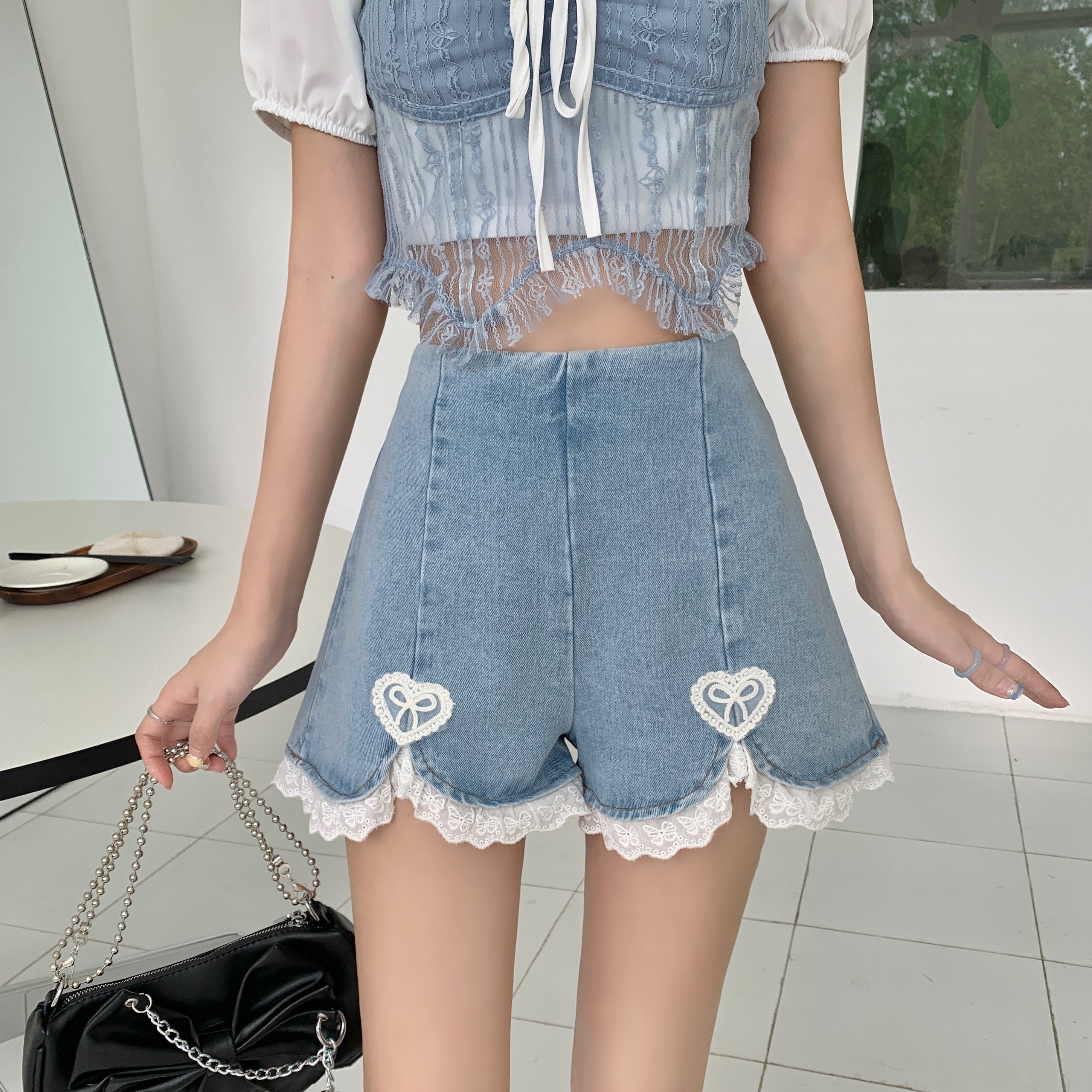 Lace denim shorts HA0481