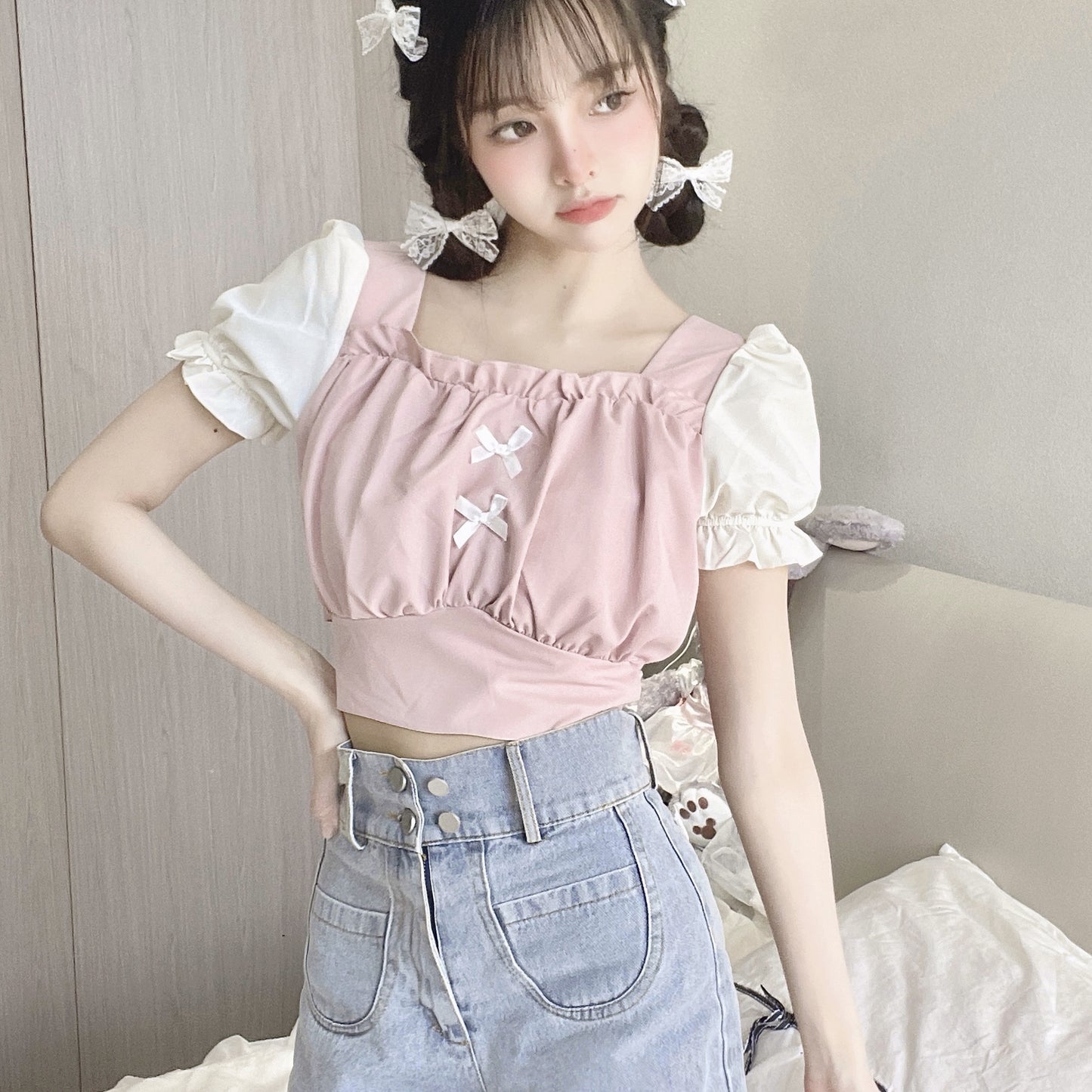 Sweet Bow Bubble Short Sleeve Top  HA0731