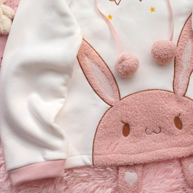 Pink and white bunny ears fleece sweater HA1214