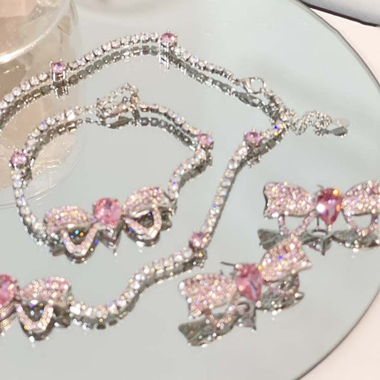 Delicate Pink Diamond Earrings Necklace Bracelet   HA1289