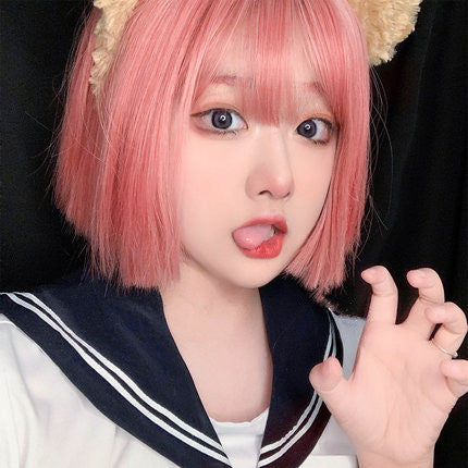 Short straight pink hair with bob head  HA0149