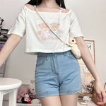 Off Shoulder Bear Print Short Sleeve T-Shirt    HA0636