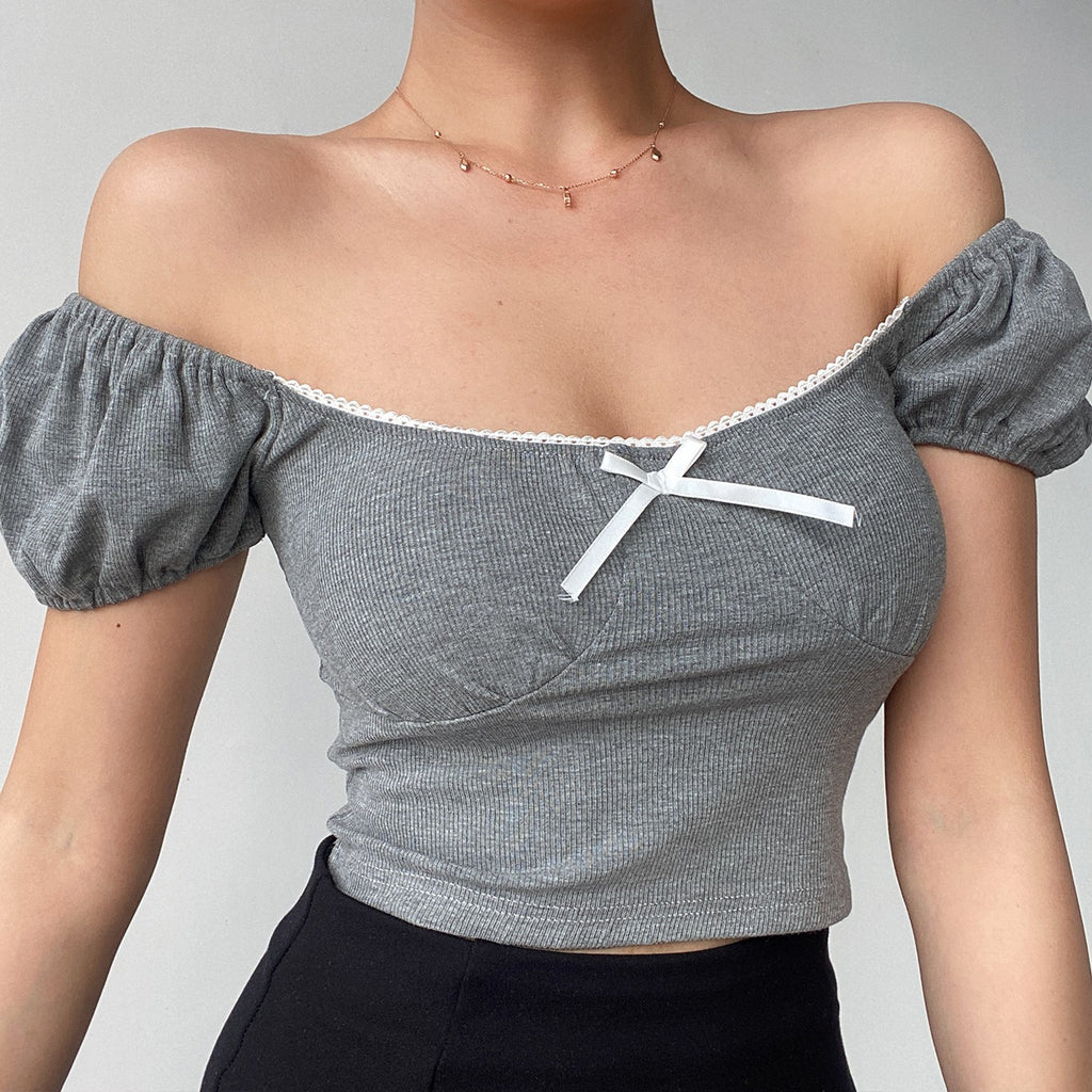 Lace bow short-sleeved T-shirt   HA1295