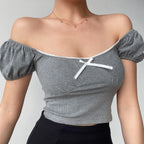 Lace bow short-sleeved T-shirt   HA1295