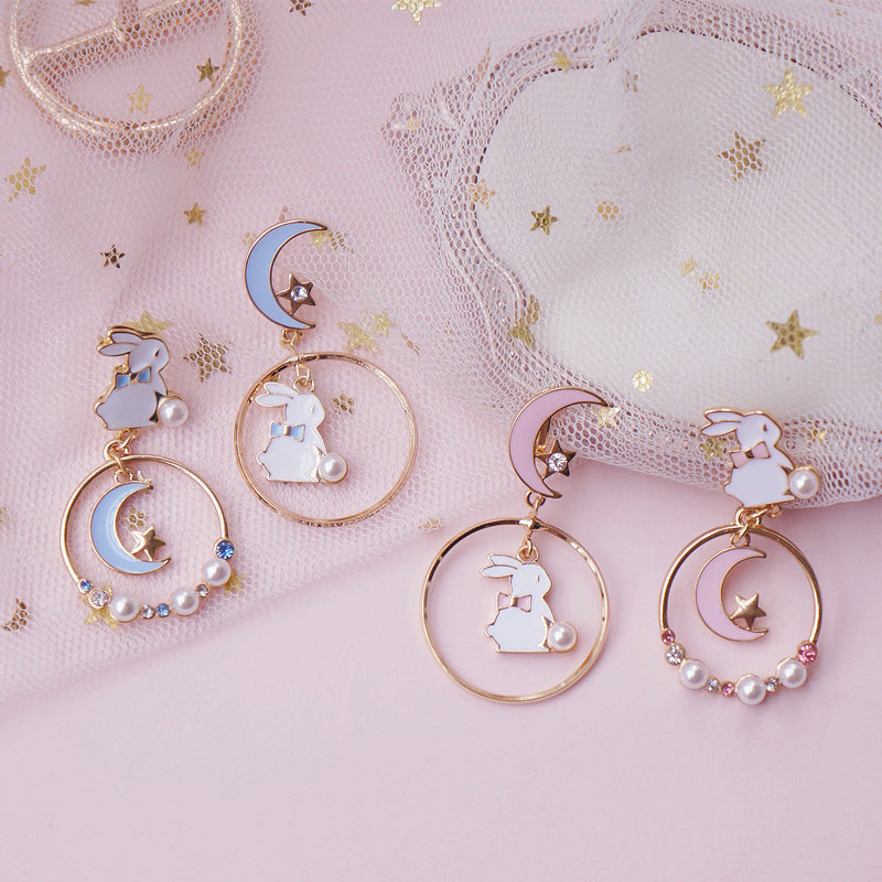 Moon White Rabbit Stud Earrings    HA0495
