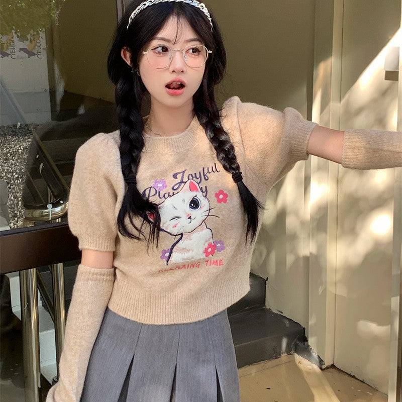 Puff Sleeve Cat Knit Top  HA1233