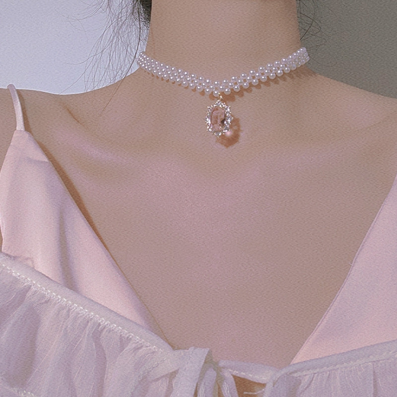 Pink Rhinestone Pearl Clavicle Chain  HA0843