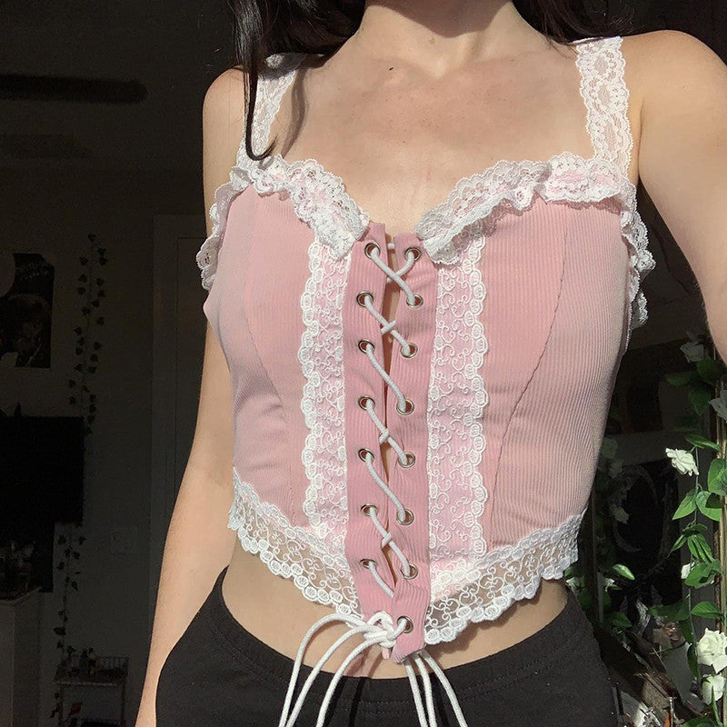 Dreamy Pink Lace Sling Waist Top   HA1077