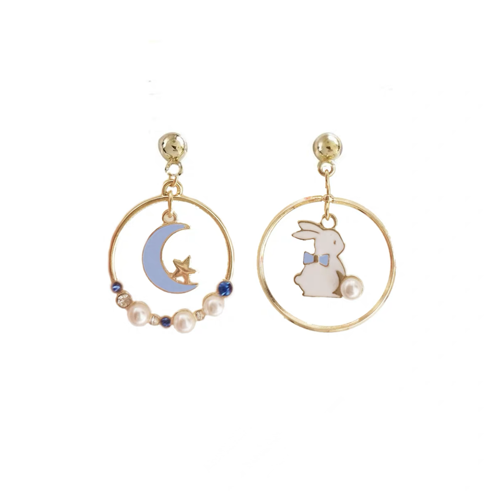 Moon White Rabbit Stud Earrings    HA0495