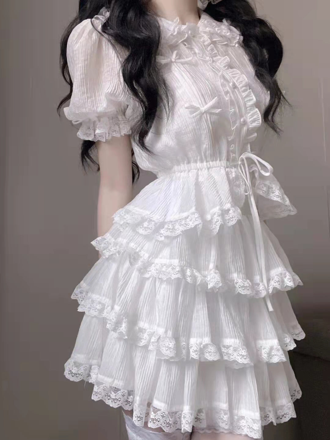 White doll collar shirt+lace lace cake skirt two -piece suit   HA1097