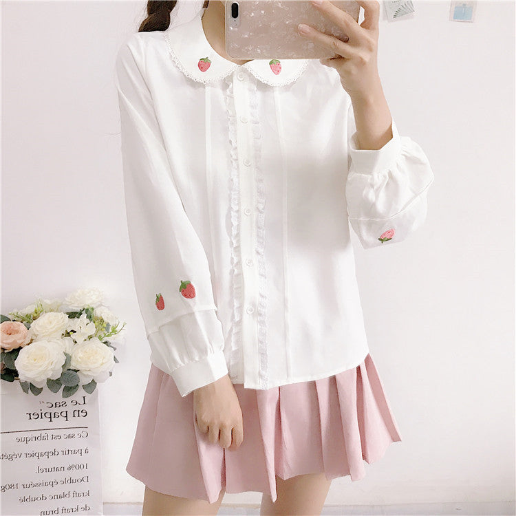 Strawberry Embroidered Long Sleeve Shirt   HA1143