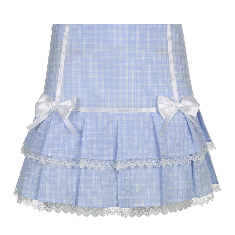 Blue Bow Lace Pleated Skirt HA0325