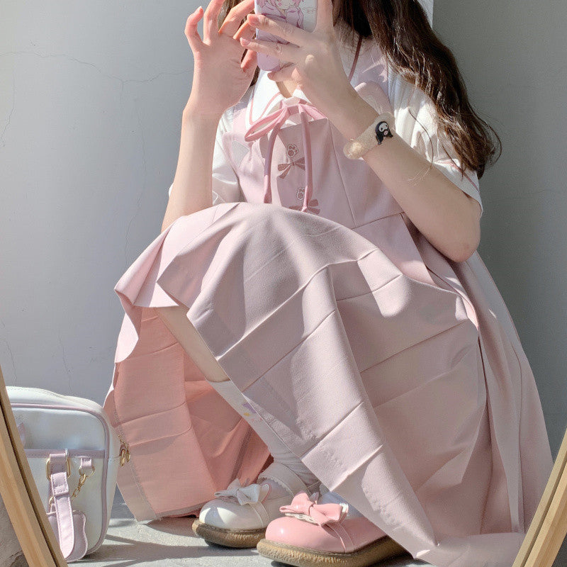 Pink Rabbit Ear Pleated Tank Top Dress   HA0789