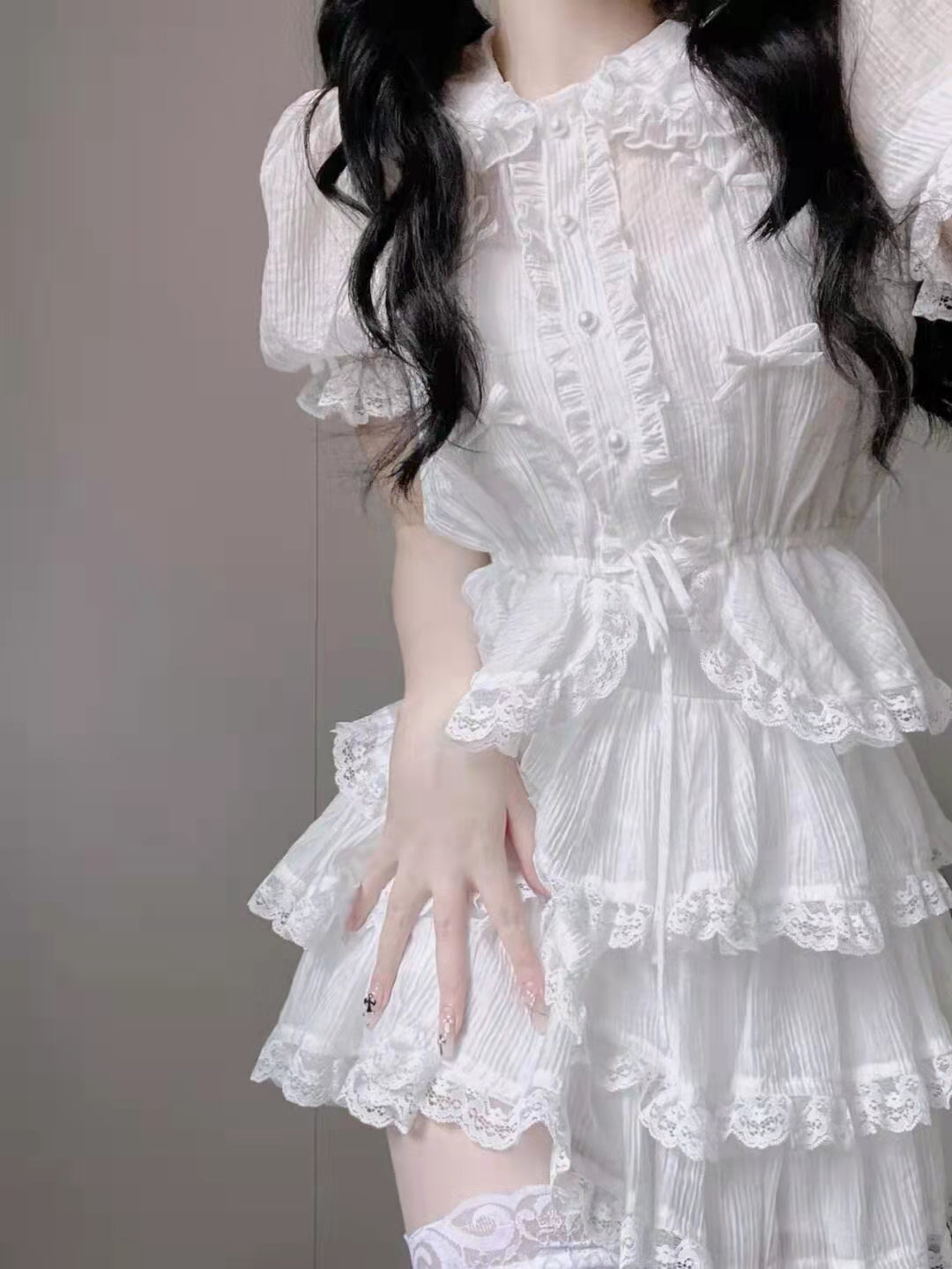 White doll collar shirt+lace lace cake skirt two -piece suit   HA1097