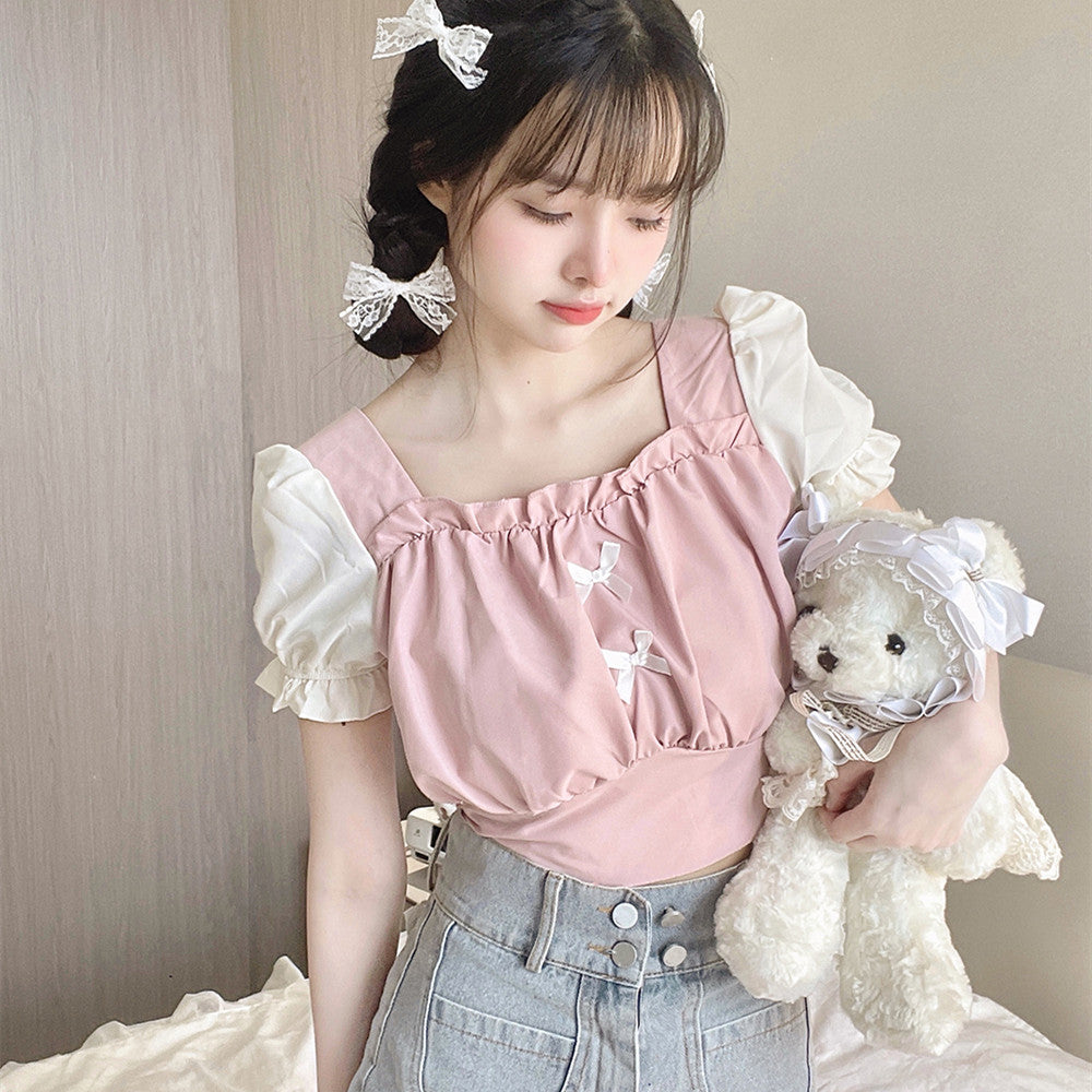 Sweet Bow Bubble Short Sleeve Top  HA0731