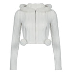 Twist-textured fur-paneled hooded sweater   HA1552