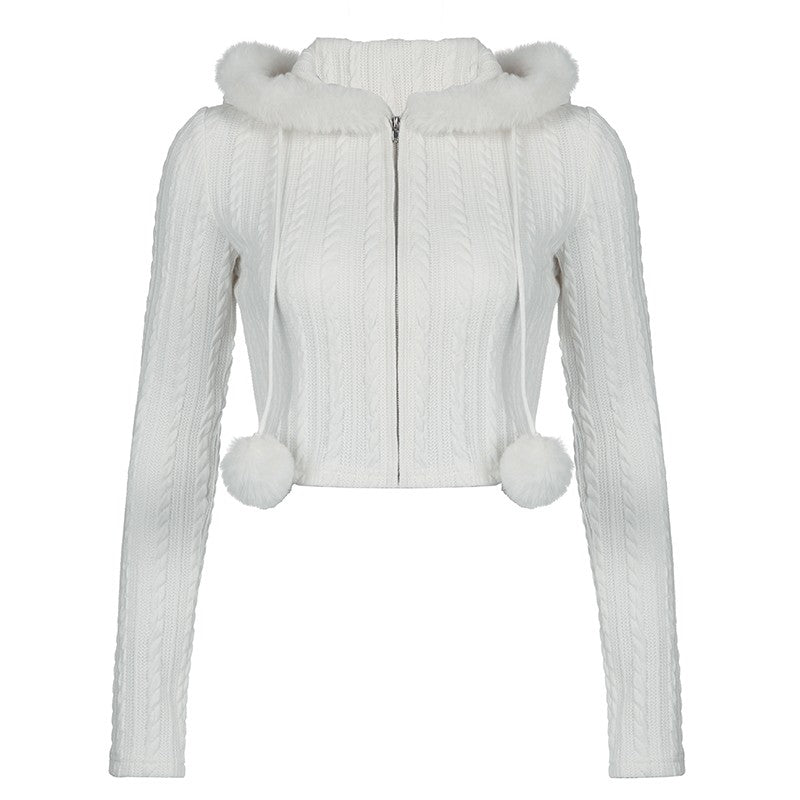 Twist-textured fur-paneled hooded sweater   HA1552